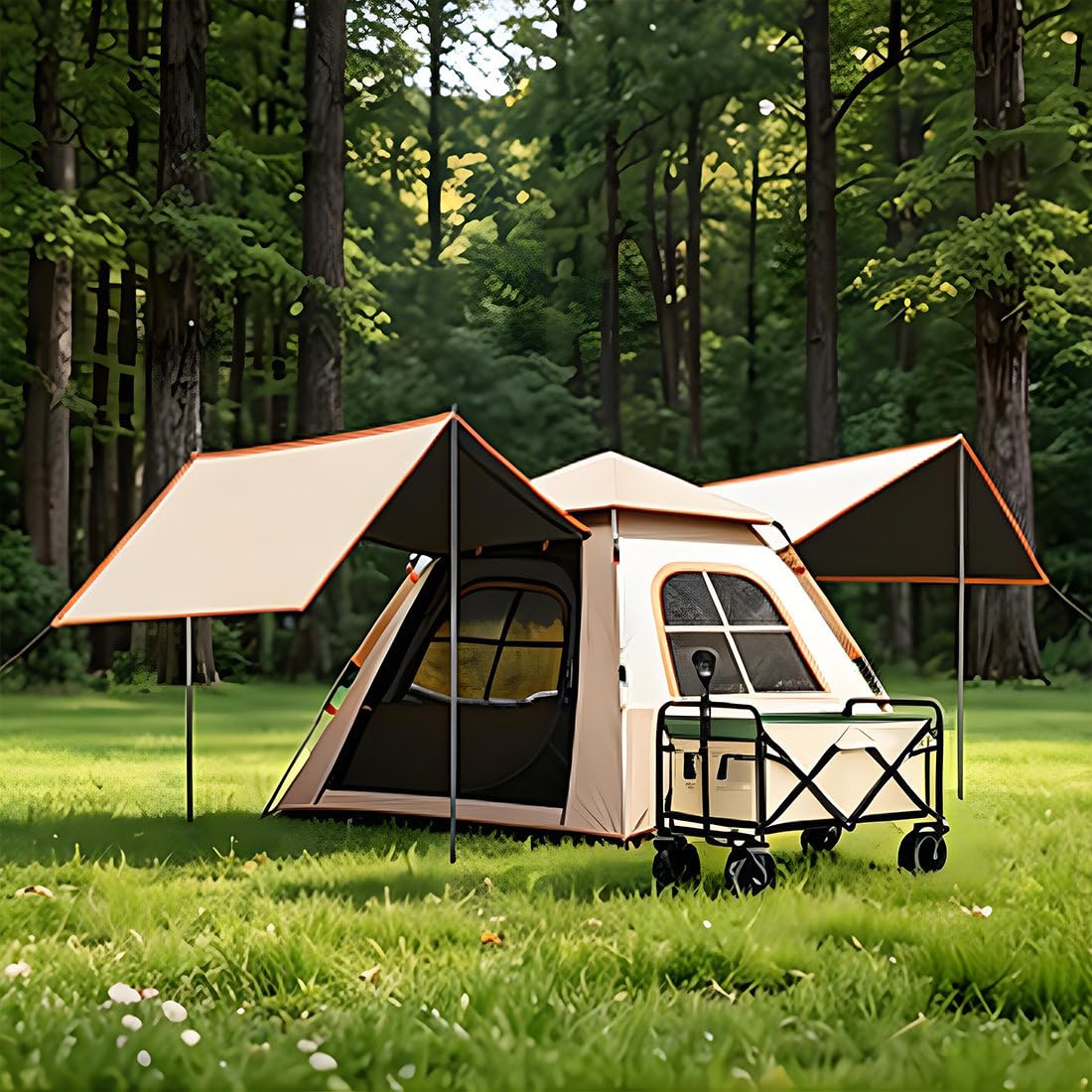 Tenda Glamping Impermeabile | Pop-Up Grande Portatile | Cabina Istantanea | Teepee a Campana a Doppio Strato, con Tettoia Extra E Pavimento Antisgocciolamento, per Ogni Avventura 2people