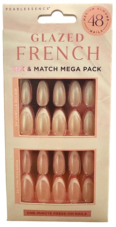 Pearlessence Glazed Glam Mix & Match Press-On Nails | 48-Count Mega Pack | Vanilla Eclair & Pink Macaron | Medium Almond Shape | One-Minute Application