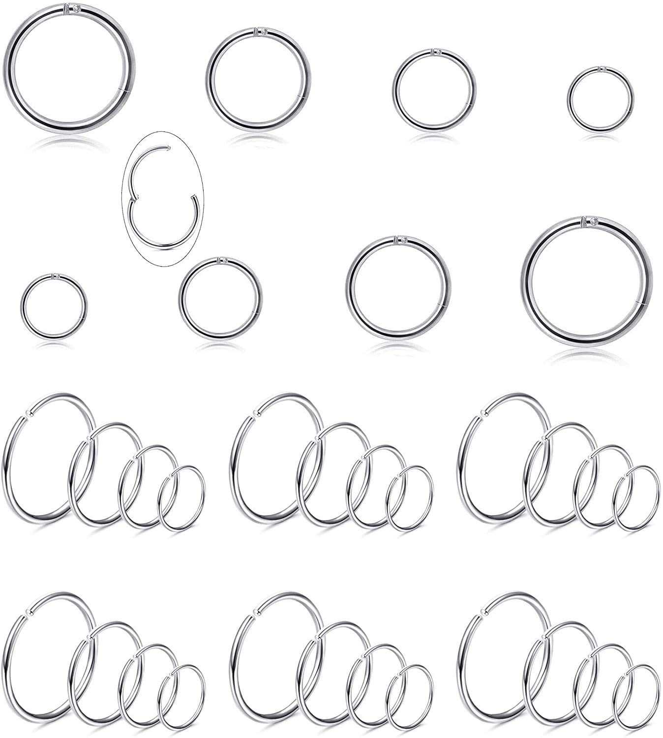 MILACOLATO16-18G 32PCS 316L Stainless Steel Hinged Clicker Segment Nose Ring Hoop Cartilage Tragus Sleeper Earrings Body Piercing Jewelry 6-12mm