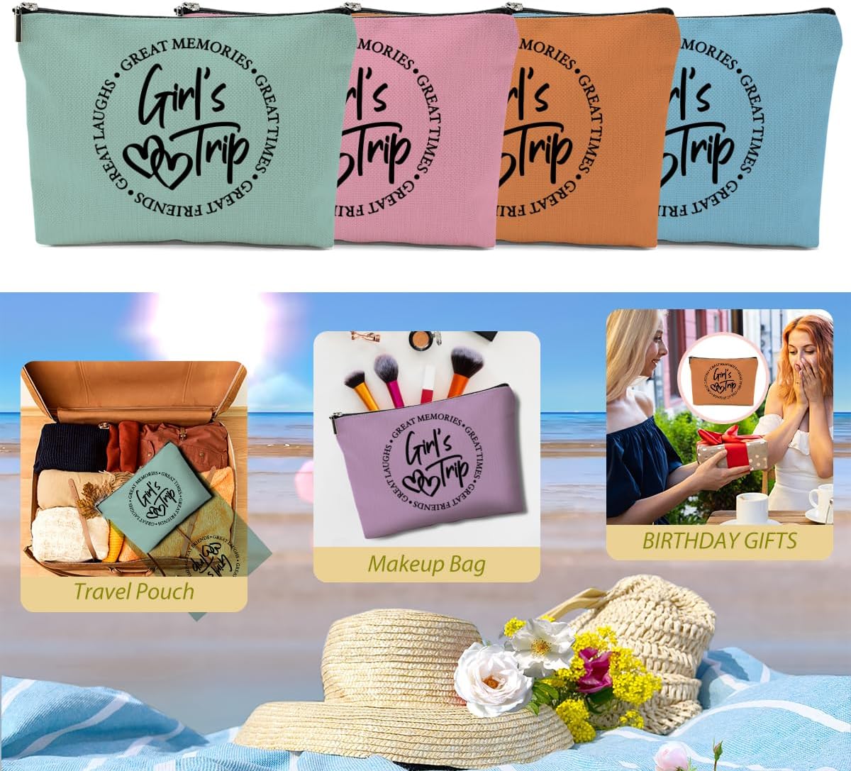 5 Pcs Girls Trip Gifts Favors, Girls Weekend Gifts Makeup Bag, Bestie Gifts Weekend Bag Travel Gifts Vacation Cosmetic Bag, Friendship Gifts for Women Sisters, Graduation Wedding Gifts Toiletry Bag - Image 6