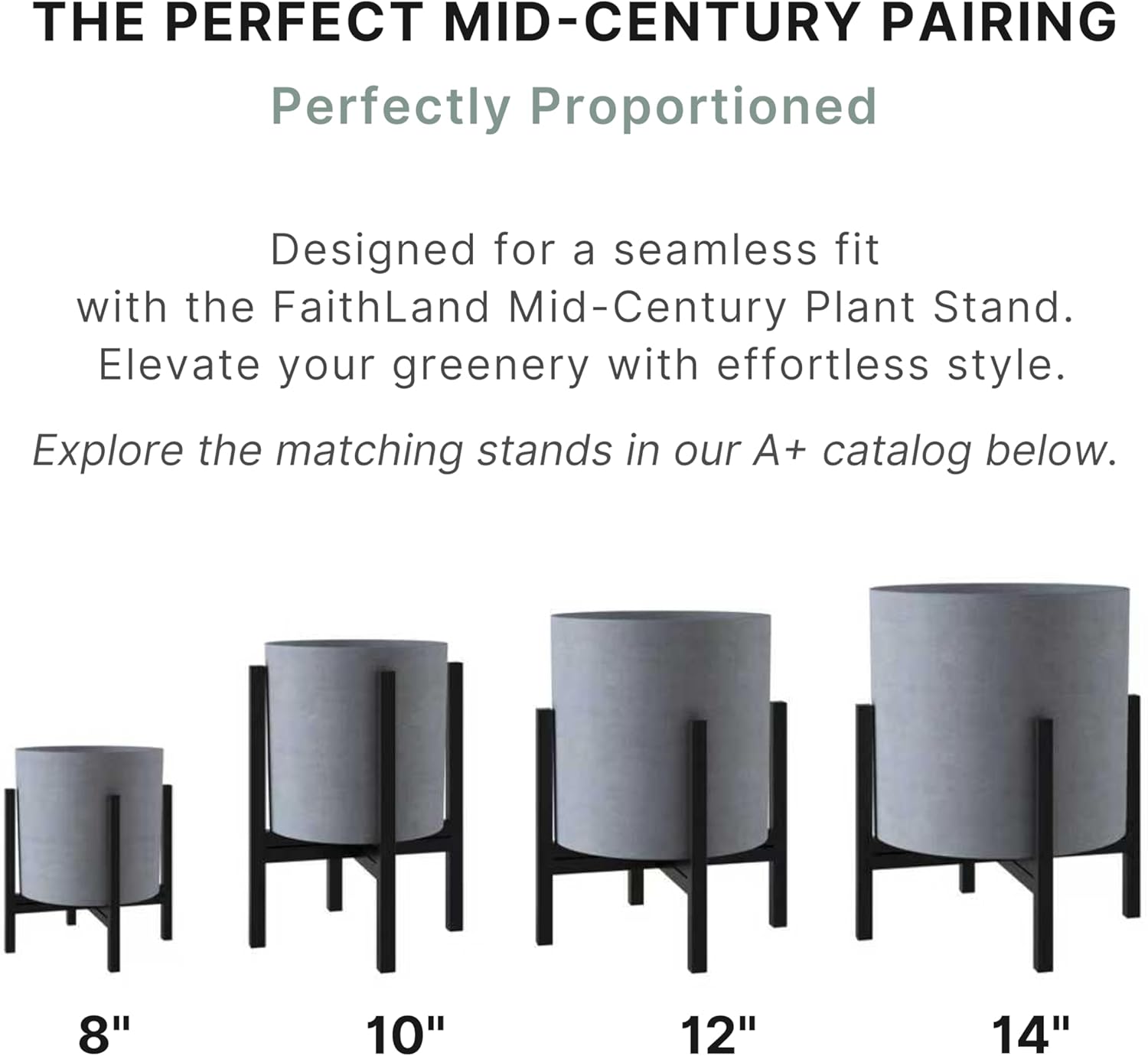 FaithLand 14 Inch Fiberstone Planter - Lightweight Modern Cylinder Plant Pot with Drainage Hole & Plug, Authentic Concrete Look, Gray