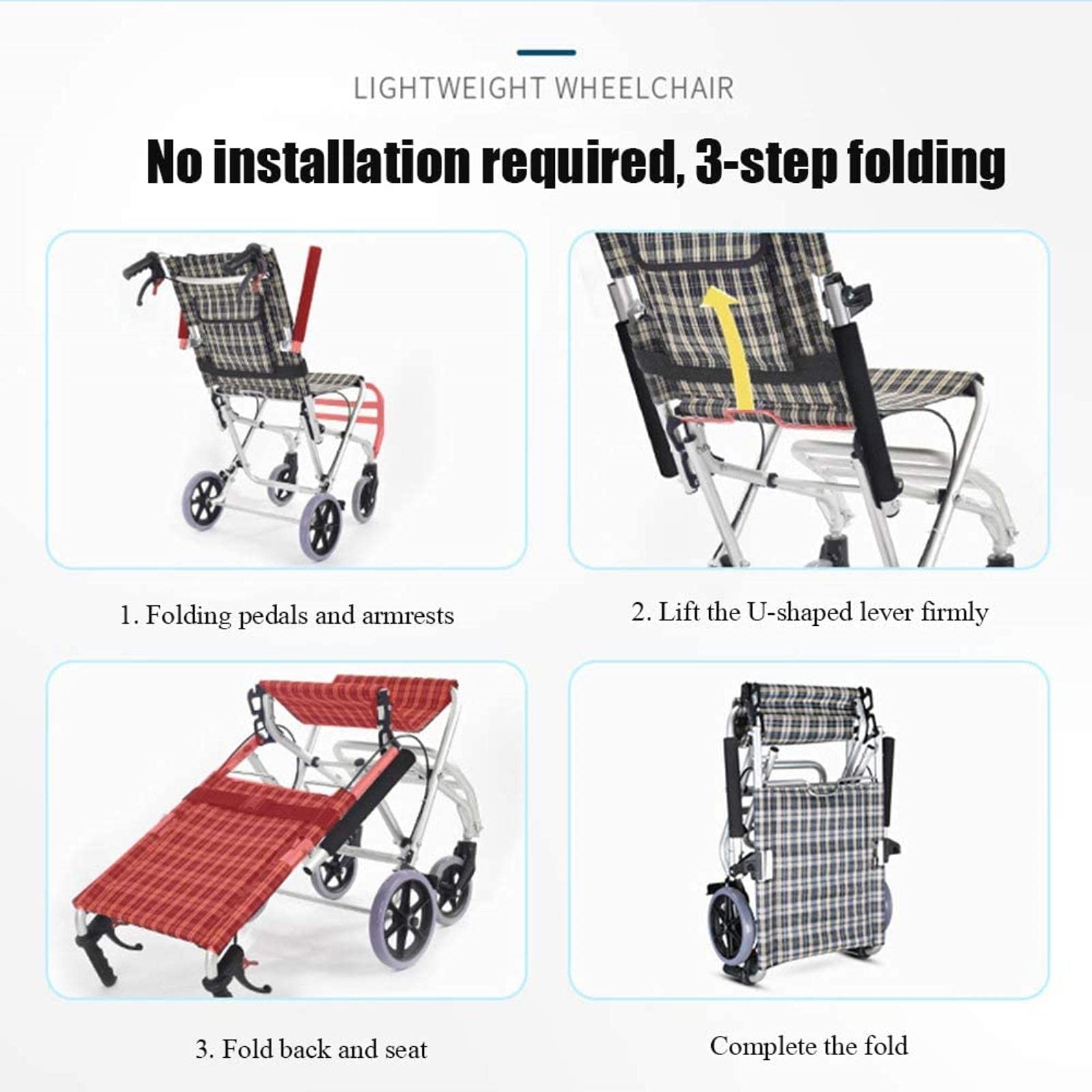 Silla de Ruedas de Transporte Ultraligera, cómoda Silla de Ruedas Plegable portátil para Viajes con Freno de Mano, Estructura de aleación de Aluminio, Adecuada para Personas Mayores