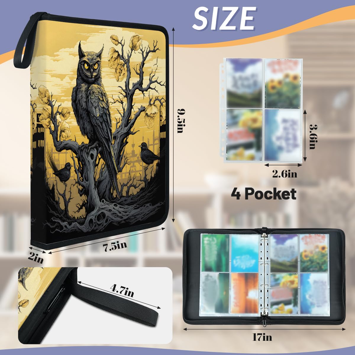 Classeur pour cartes à collectionner - 4 poches - Pour Halloween - Corbeau - Hibou - Avec pochettes amovibles - Étanche - Avec fermeture éclair - Capacité de 50 pages - 400 cartes
