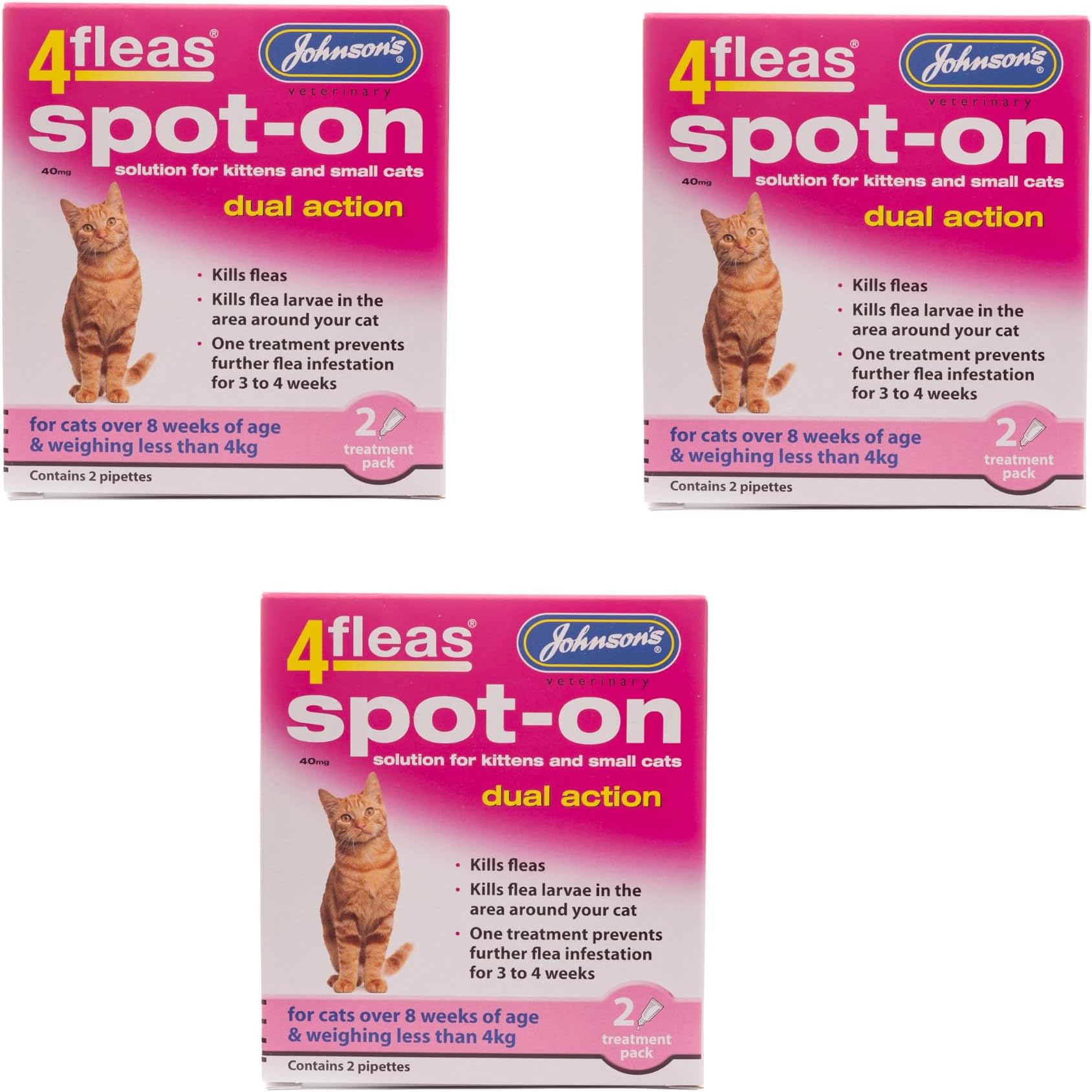 JOHNSONS 4FLEAS CAT - DUEL ACTION SPOT ON - +8 WEEKS BELOW 4KG WEIGHT (3X PACKS)