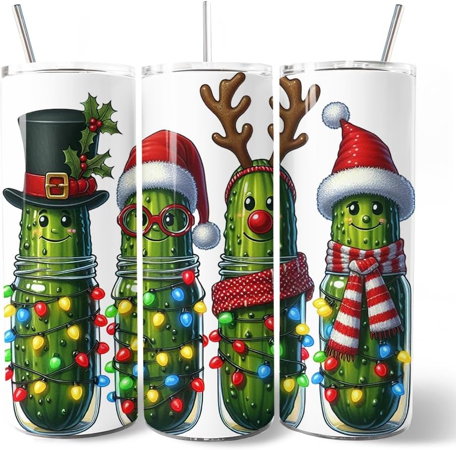 OrnamentallyYou Christmas Pickles 20oz Non-Personalized Stainless Steel Tumbler with Lid and Stainless Steel Straw, Festive Holiday Cucumber Gift Cup