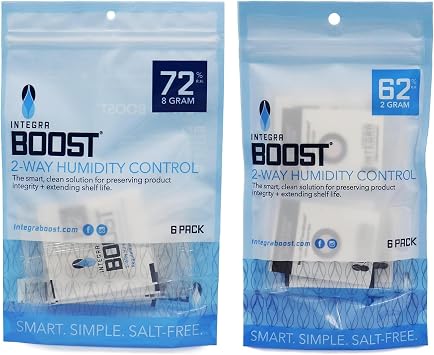 Integra Boost 2-Way Humidity Control Packs 72% RH 8g 6 Pack + 62% RH 2g 6 Pack | Humidity Packs with Replacement Indicator Cards - Moisture Absorber for Herbs, Spices and more
