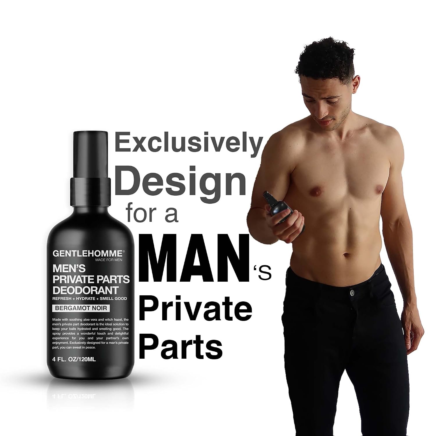 Gentlehomme - Men's Deodorant Spray for Intimate Areas - Anti-Chafing, Hydrating & Refreshing - with Aloe Vera & Witch Hazel - All Skin Types - Vegan - Bergamot Noir Scent - 4oz