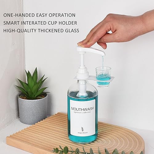 Miniatura 4 de Onsogi Dispensador de enjuague bucal de vidrio con soporte para tazas y bomba, dispensador de enjuague bucal rústico bohemio de 16 onzas para