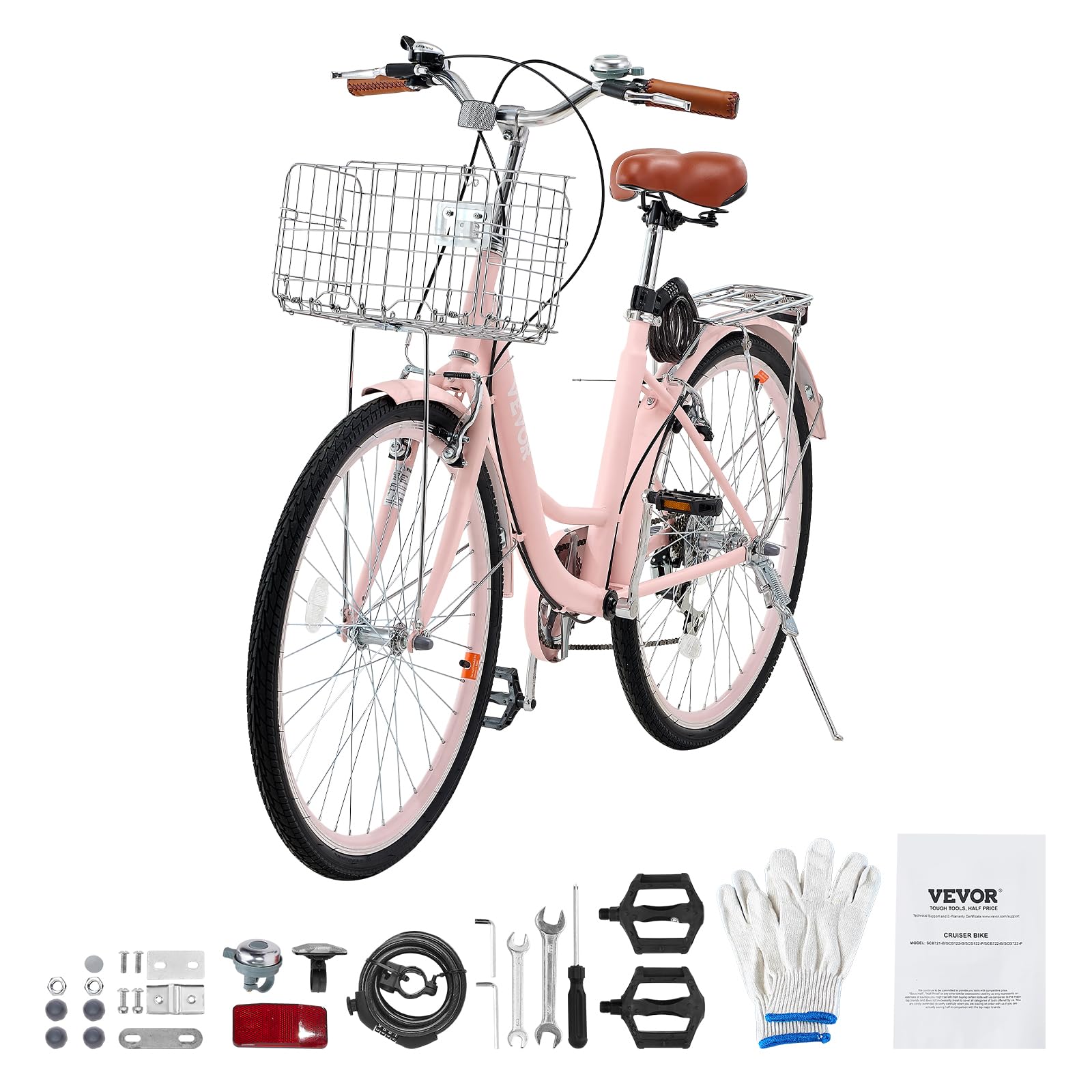 VEVOR Cruiser - Bicicleta de playa con 7 velocidades (diámetro del neumático 660,4 mm) con cesta grande y portaequipajes, bicicleta cruiser con asiento ajustable, para ciclismo, entrenamiento y