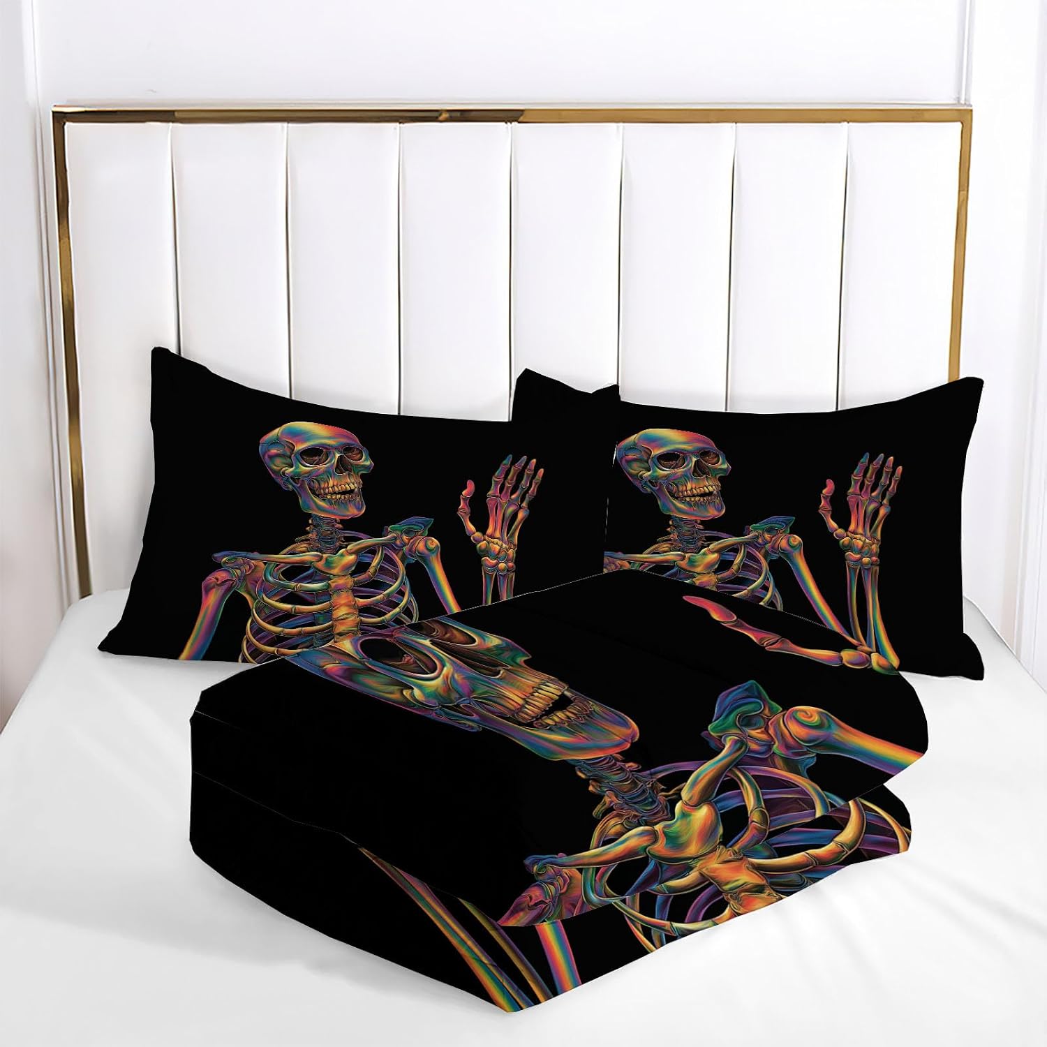 Oil Painting Graffiti Comforter Set Full Size, Funny Skeleton Bedding Set for Teens Adults Room, Black Soft 80" x 90" Quilt with 2 Pillow Cases, Lightweight Black Quilt for All Season