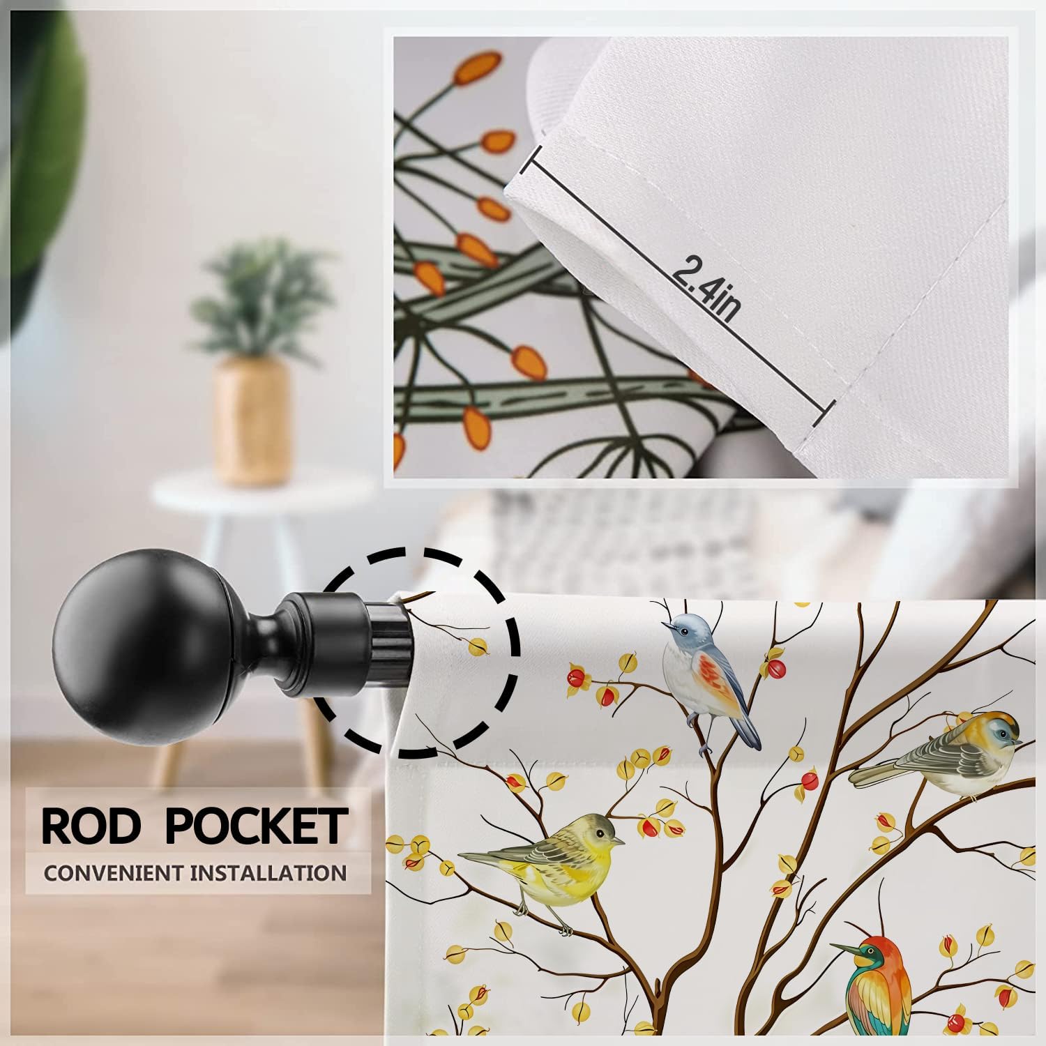 Birds Branch Kitchen Curtain 27.5W X 39L Inch 2 Panel Rod Pocket Country Rustic Tree Hummingbird Farmhouse Cute Leaf Nature Spring Small Short Cafe Tier Curtains Window Drapes Bathroom Decor