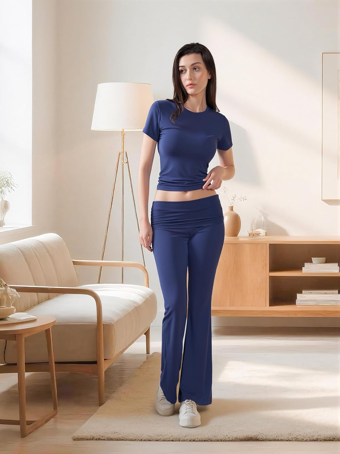 Motarto Women's 2 Piece Lounge Sets Short Sleeve Slim Fit Foldover Flare Pants Crop Top Casual Loungewear PJ - Image 2