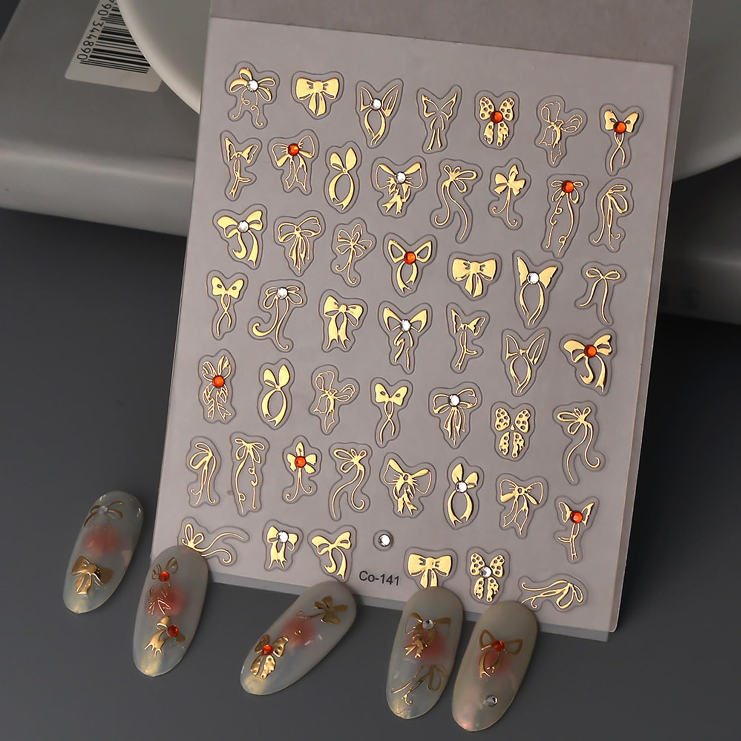 5D Embossed Gold Bow Nail Art Stickers, Rhinestones Nail Decals Metallic Ribbon Bow Tie Nail Design Cute Bow Nail Art Supplies Adhesive Sliders