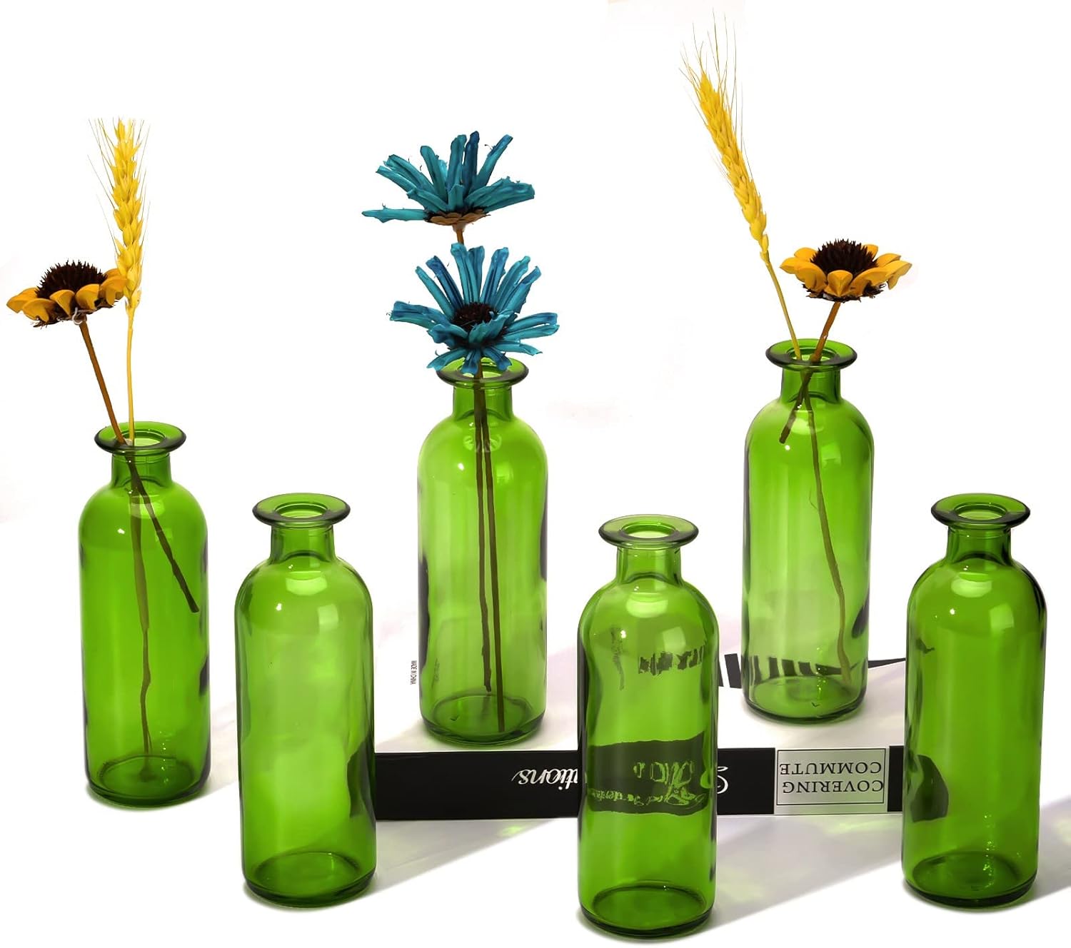 6 Pcs Green Glass Bottles Small Bud Vase,Glass Green Vases