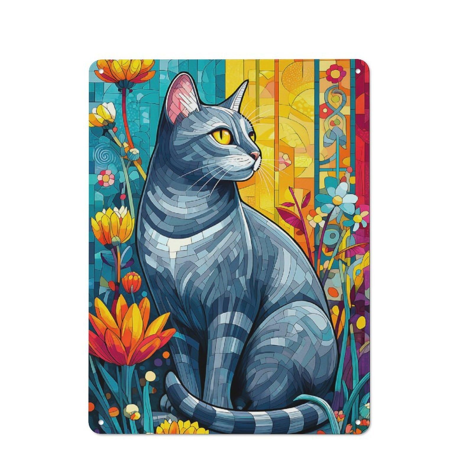 Junmoney Mosaic Cat In Floral Garden Shed Style Rustic Tin Sign 40X30cm Featuring Utility Space Decor For Conservatory, Home Bar Or Utility Room