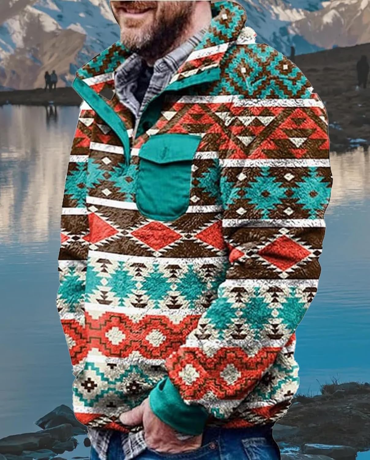 Western Sweatshirts for Men Aztec Fleece Pullover Sweatshirts Mens Vintage Print Fuzzy Sweatshirt - Image 3