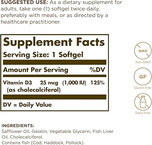Miniatura 2 de Solgar Vitamina D3 (colecalciferol) 25 mcg (1000 UI) - 100 cápsulas blandas - Ayuda a mantener huesos y dientes saludables - Apoyo al sistema