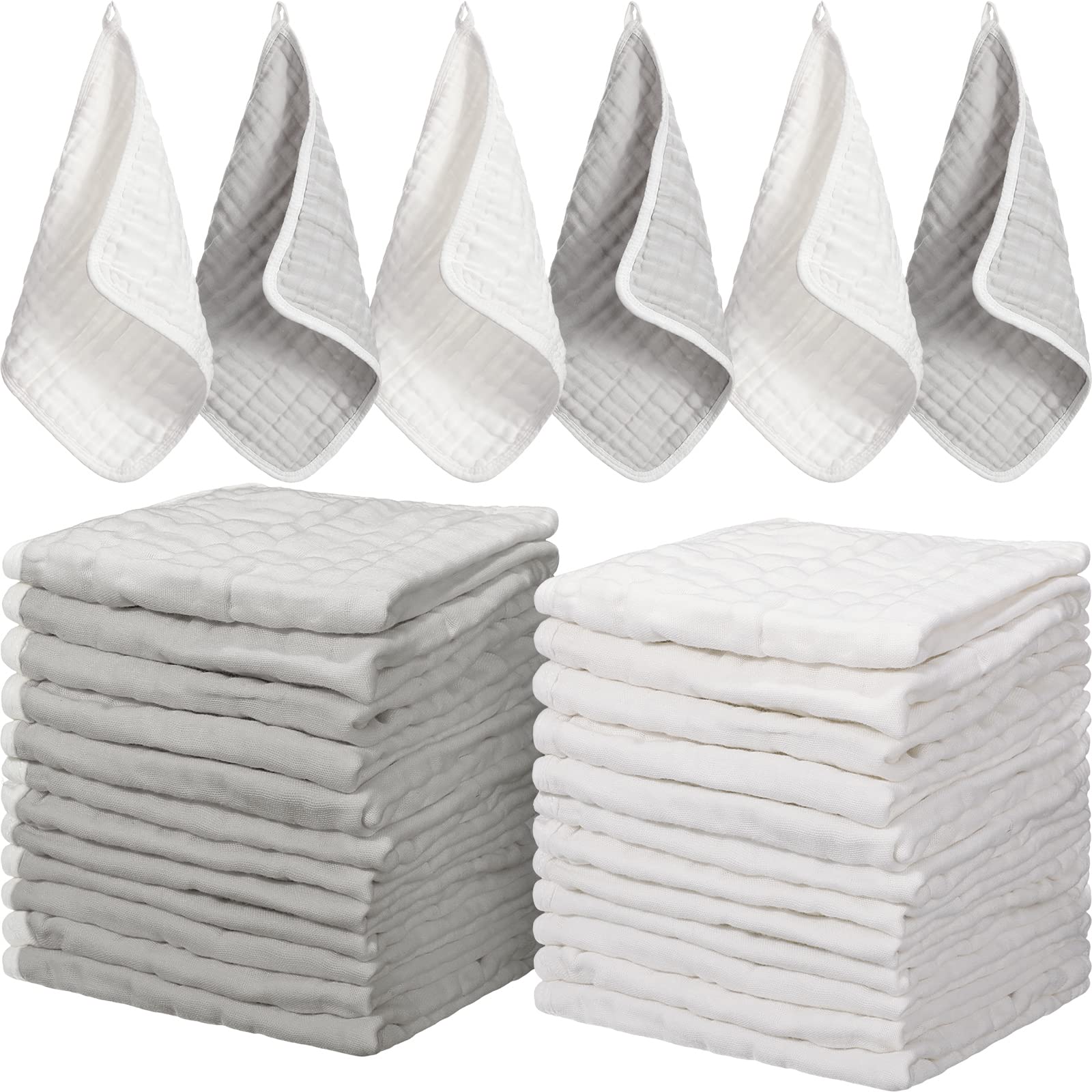 Newwiee 24 Pcs Muslin Burp Cloths 11.8 x 11.8 Inch Soft Cotton Baby Washcloths Absorbent Muslin Baby Towels White Gray Baby Wash Cloth for Boys Girls Newborn Baby Toddlers Shower Registry Gift