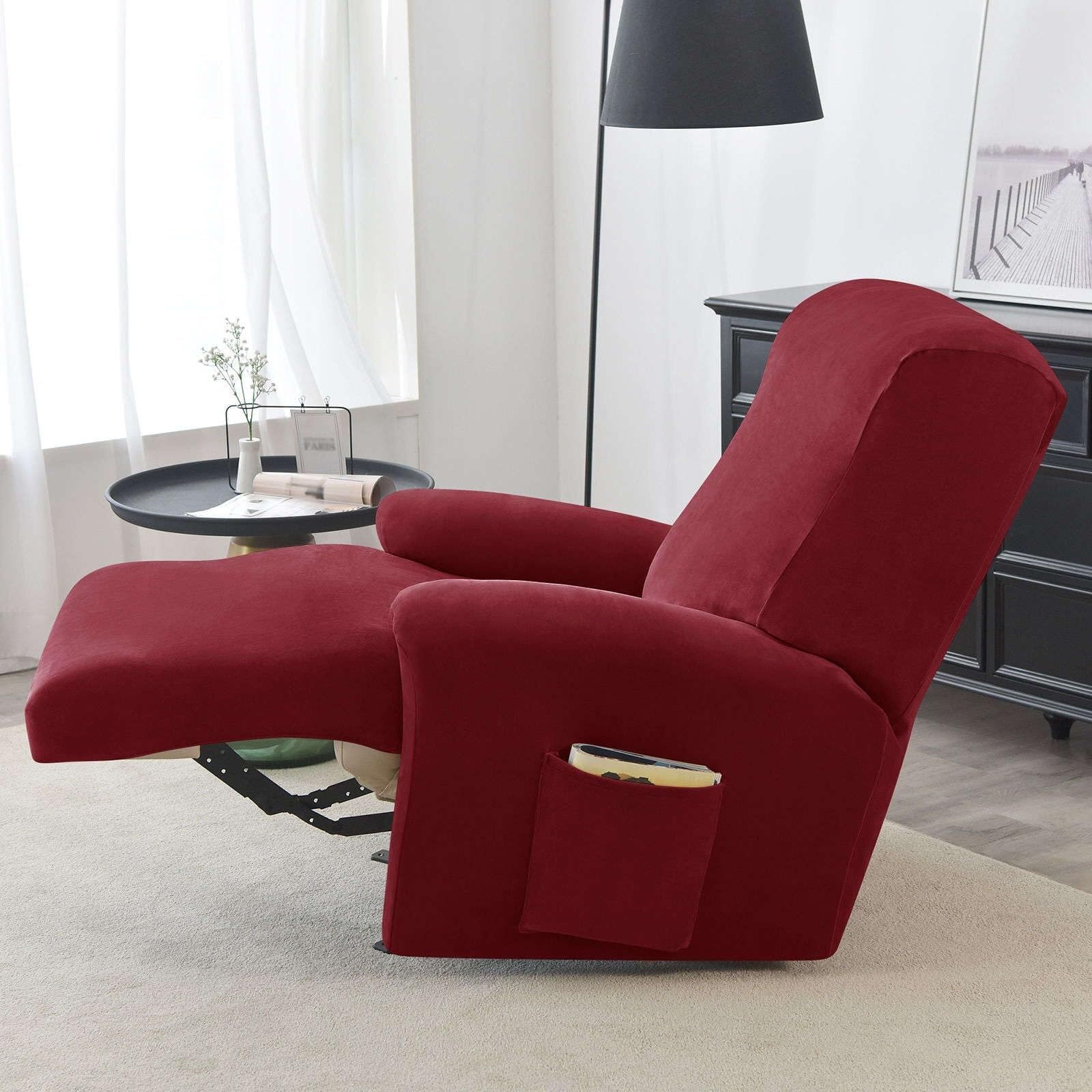 Housse de Fauteuil inclinable en Velours Extensible, 4 pièces, Housse de Protection Souple et antidérapante avec Poche latérale, for Salon, Couleur foncée(Wine Red)