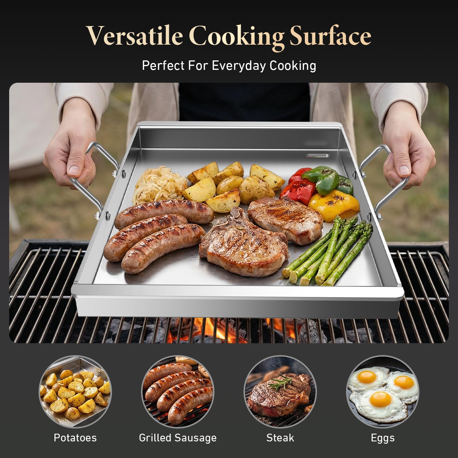 Piastra per barbecue in acciaio inox, 40 x 30 x 4 cm, con 2 manici in legno resistenti al calore, spatola con beccuccio per grasso integrato, piastra da 4 mm di spessore, per barbecue