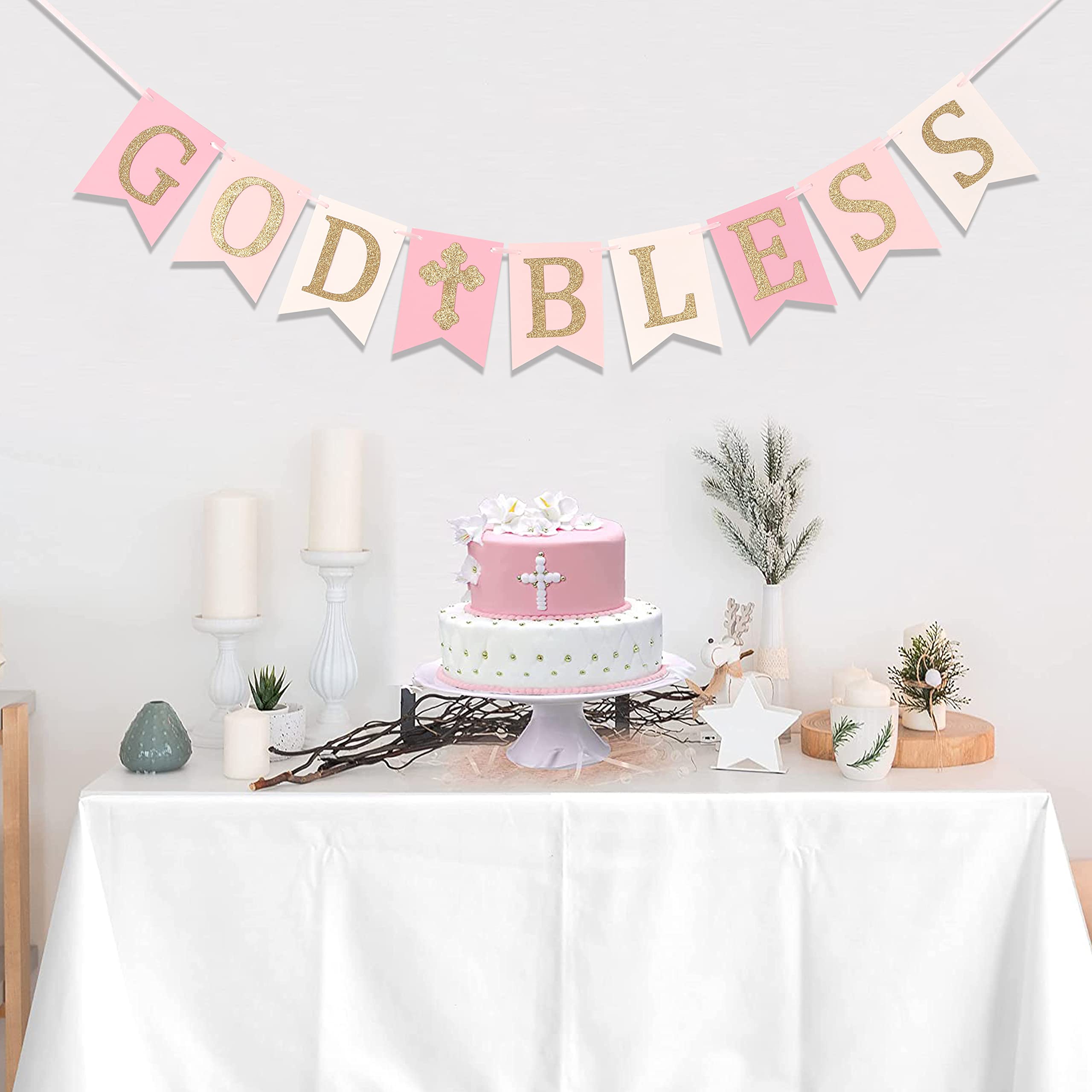 TUTOTU – Bandiera Decorativa “God Bless” Con Paillettes, Rosa, Per Battesimo E Prima Comunione, Con Bastoncini Di Bambù, 80 Pollici - 2