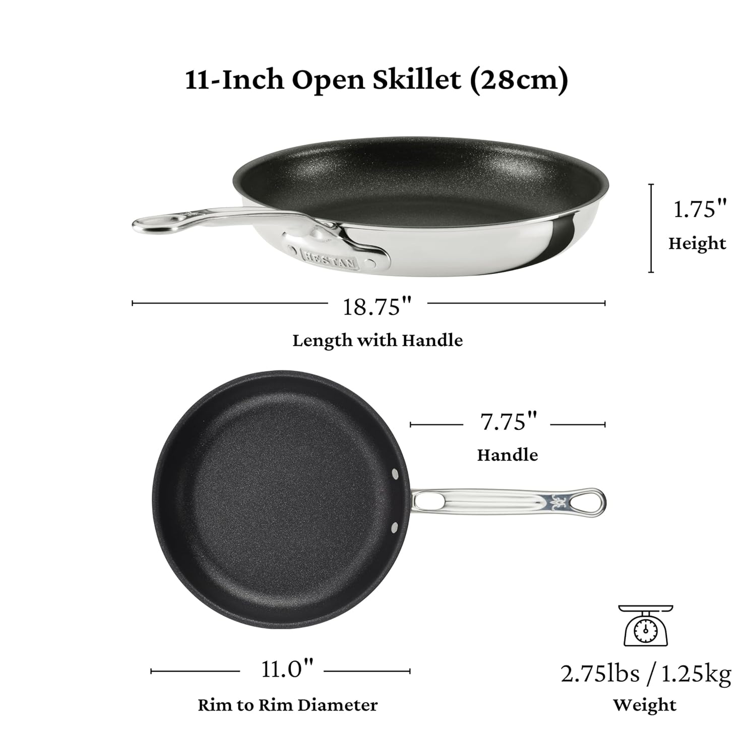 Hestan ProBond Luxe TITUM Nonstick Skillet, 11-Inch Professional Clad Stainless Steel, ProCore Tri-Ply Clad Construction, Polished Exterior, Induction & Oven Safe