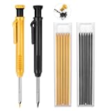 2 Pack Carpenter Pencils Construction Pencil with 12 Refills, Mechanical Carpenter Pencils with Built-in Sharpener, Long Nib Deep Hole Heavy Duty Woodworking Pencil Marker (Black, Yellow)
