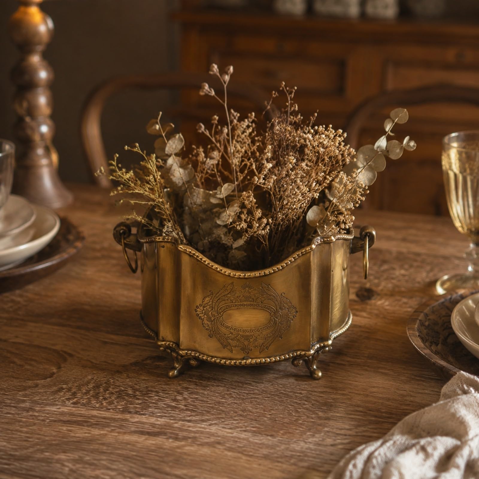 Contenitore in Ottone Lavorato a Mano | Stile Europeo, Organizzatore Senza Coperchio, per Toeletta, Collezionisti, 13x13x18cm, Secchio da Deposito C