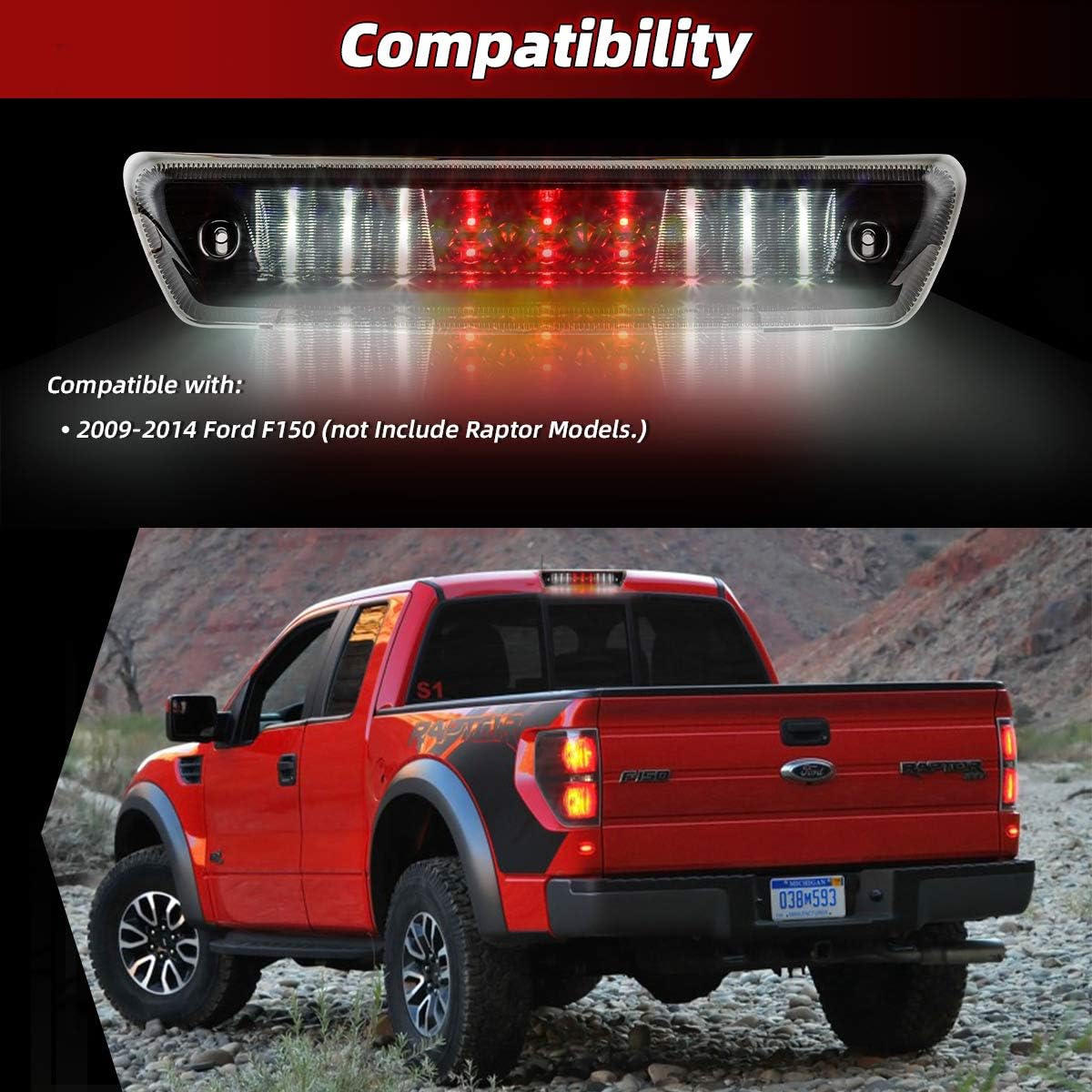 Third Brake Light/Reverse Light Smoked LED 3rd Brake Light for Ford F150 2009, 2010, 2011, 2012, 2013, 2014 Reverse Lamp High Mount Tail Light, Waterproof