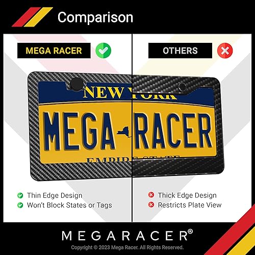 Miniatura 2 de Mega Racer - Marco de matrícula frontal y trasera con patrón de fibra de carbono, diseño impreso, aluminio negro, con tornillos de placa de acero