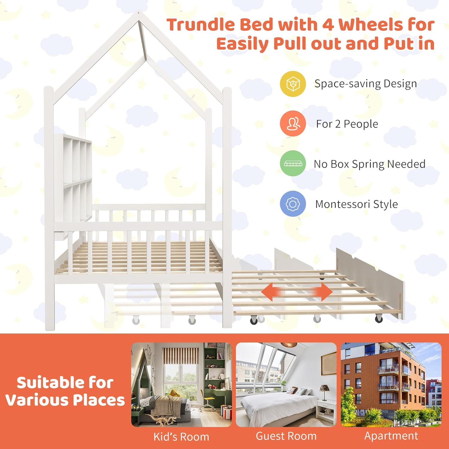 GORELAX Wooden Twin Size House Bed with Trundle, Montessori Bed Frame for Kids with Storage Shelves & Roof, No Box Spring Required, Playhouse Beds for Girls Boys Teens Bedroom