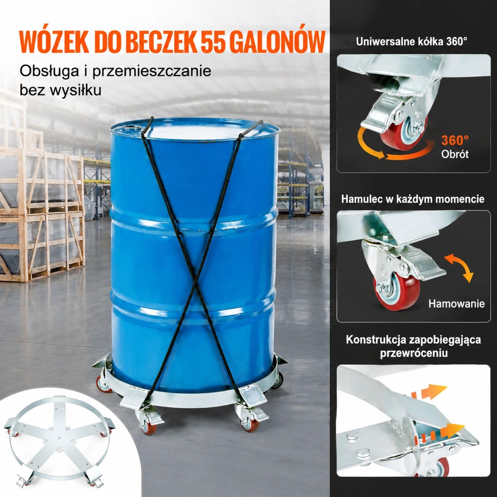 Mobilna podstawa wózkowa 250 l ze stali węglowej, 5 kół obrotowych, 2 hamulce, srebrny