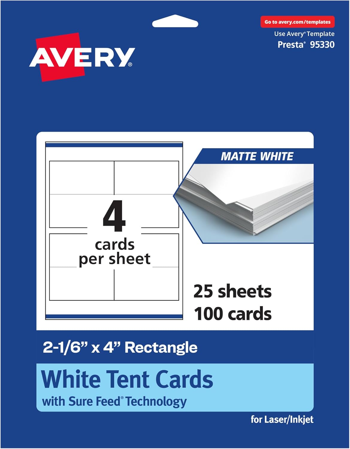 Avery Printable Rectangle Tent Cards with Sure Feed Technology, 2-1/6" x 4", Matte White Cardstock, Print-to-the-Edge, Laser/Inkjet, 100 Total, Great for Table Talkers, Promotional Signs, and More