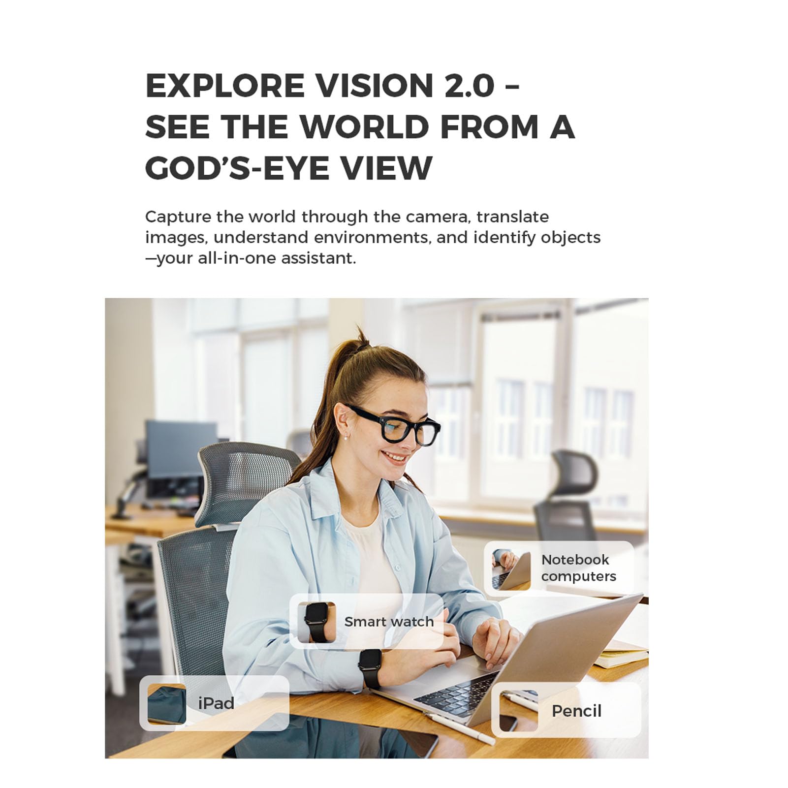 Inteligentne Okulary, Okulary Tłumacze Bluetooth AI z Aparatem HD 5MP 1080p, Głośnikami, Wywoływaniem Muzyki, 26 Języków Tłumaczenie (Anti)