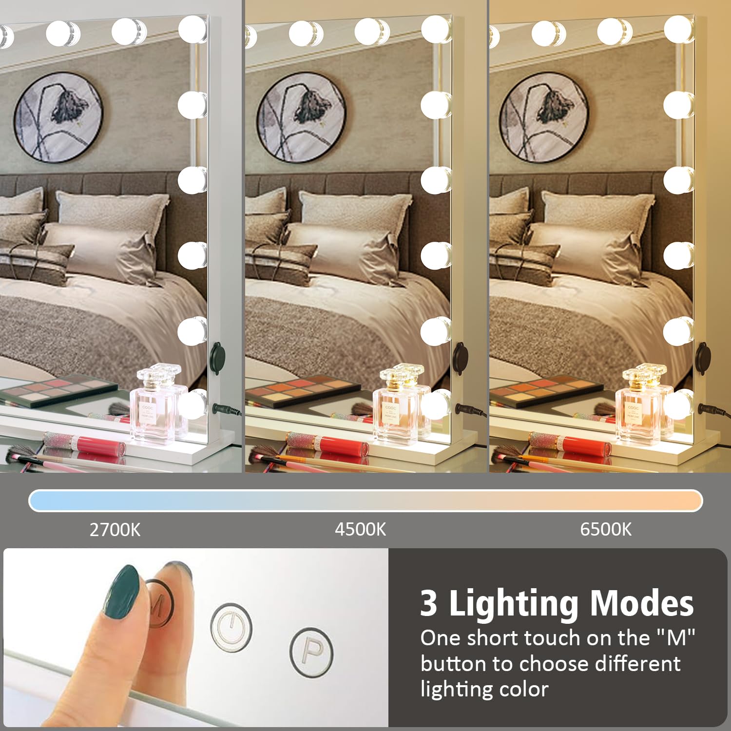 LEINASEN Hollywood Vanity Mirror with Dimmable 17LED Bulbs Lights Large Makeup Mirror with Lights Metal Frame Dimmable 3 Modes Touch Control USB Charging, Tabletop or Wall-Mounted, 23.62