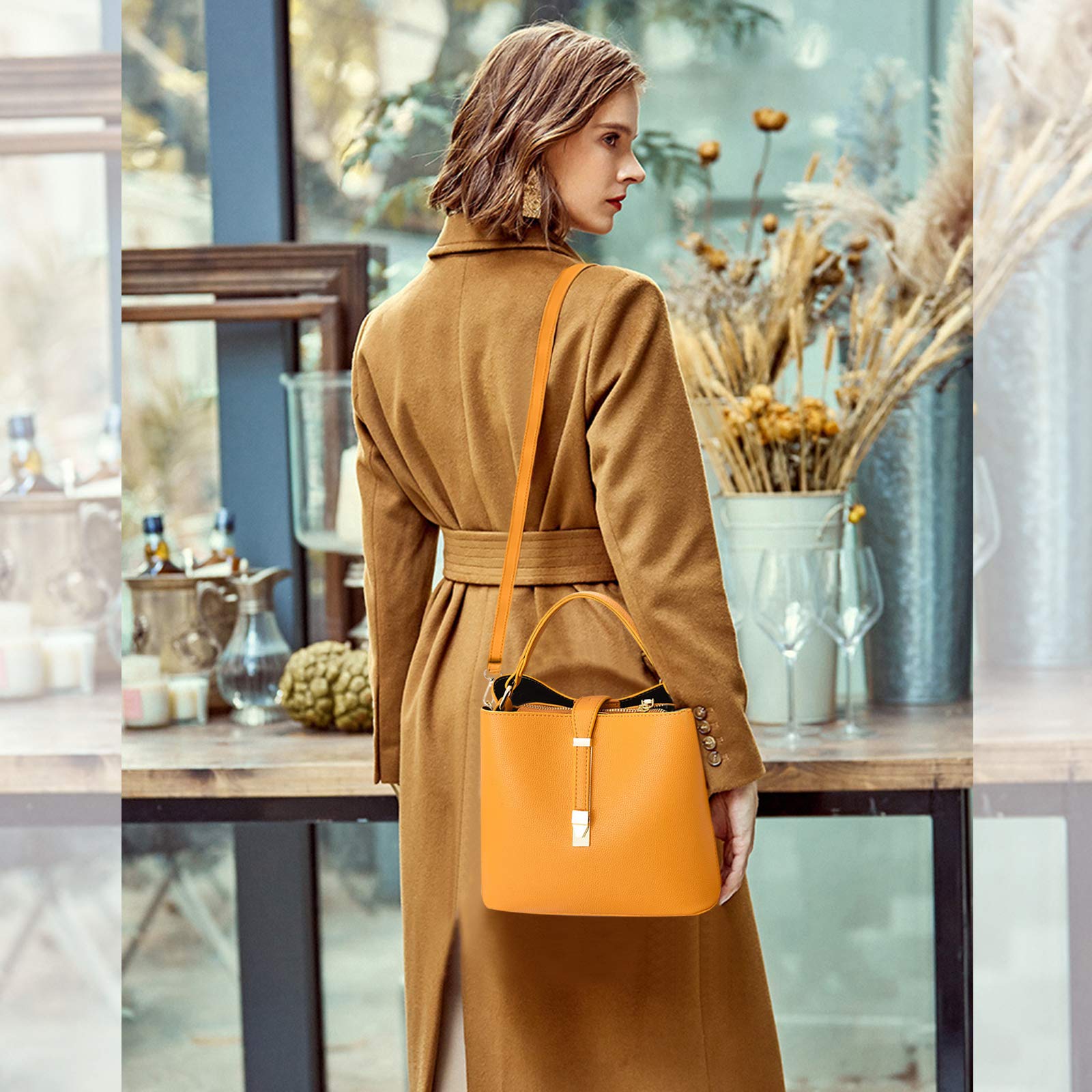 NICOLE & DORIS Bolsos de mano para mujer, bolso de mano de piel sintética, bolsos grandes y bolsos de hombro con dos correas, asa superior, bolsas de cubo hobo de moda para mujer, Amarillo, Large