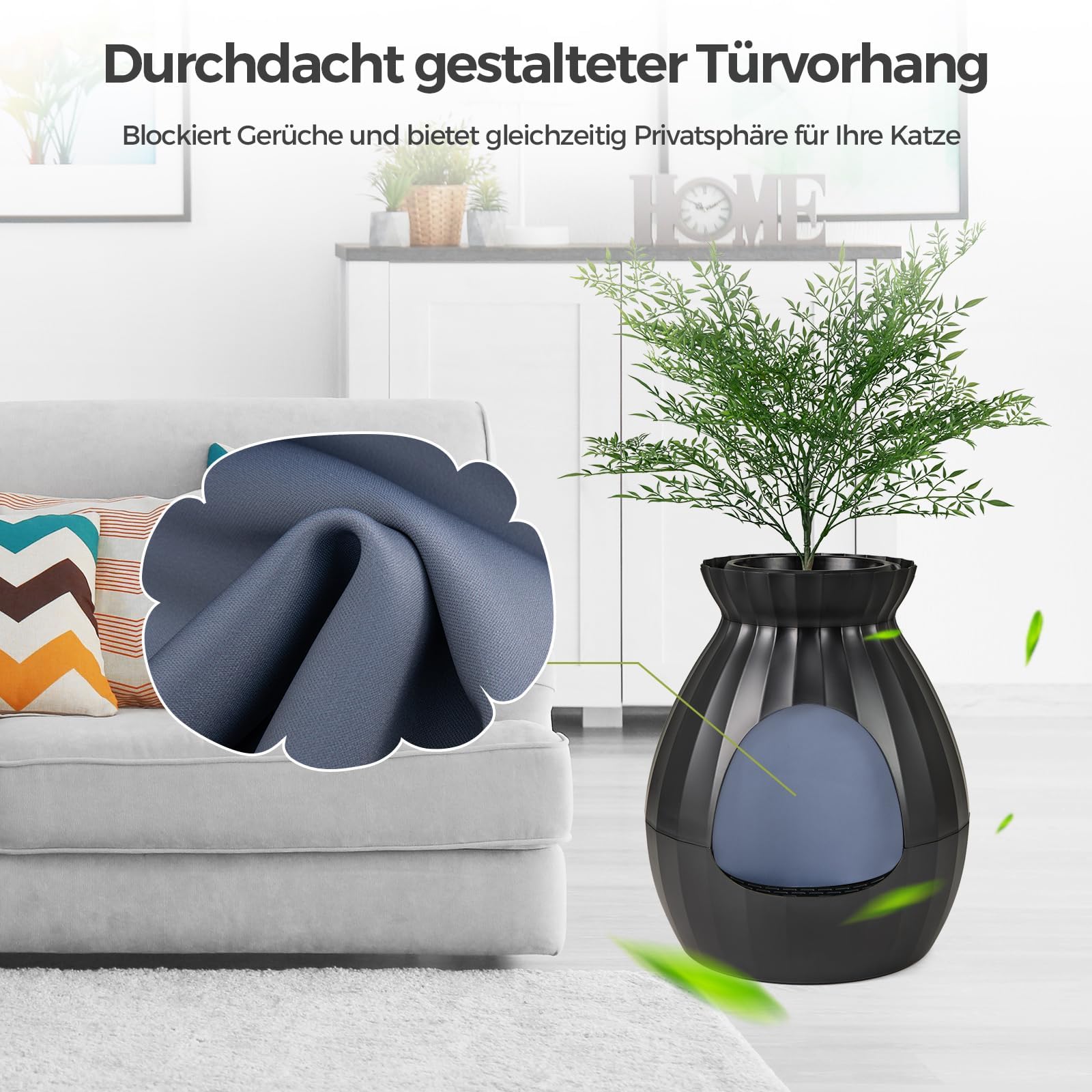FANTASK Bac à litière pour Chat - 50 x 50 x 59 cm - avec système électronique d'élimination des odeurs - Style Pot de Fleurs avec Plante Artificielle et Cailloux - Noir