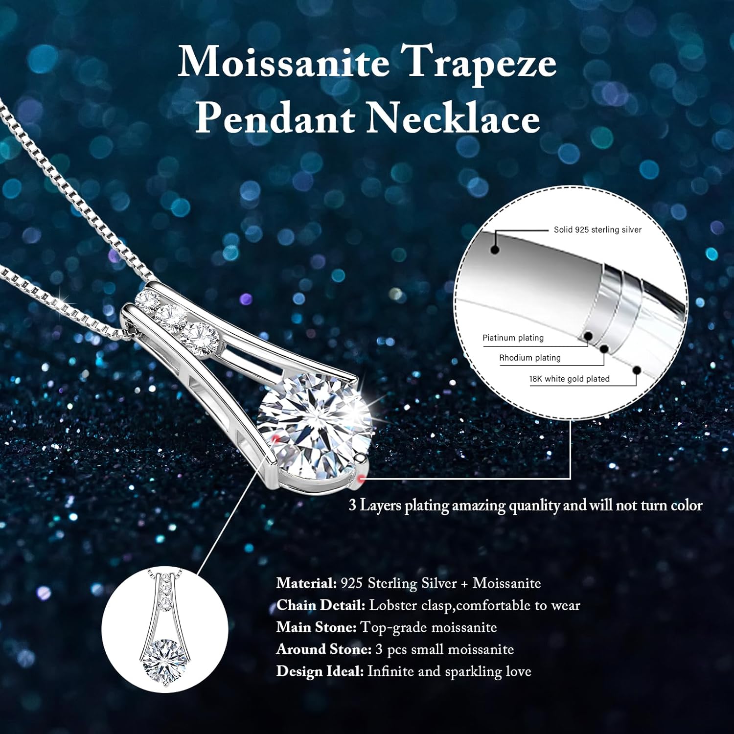 Moissanite Necklace for Women, 18K White Gold Plated Sterling Silver 1-3 Carat D Color Lab-Created Simulated Diamond Pendant Anniversary Birthday Christmas Jewelry Gift for Her Mom Wife, 18+2 Inch - Image 2