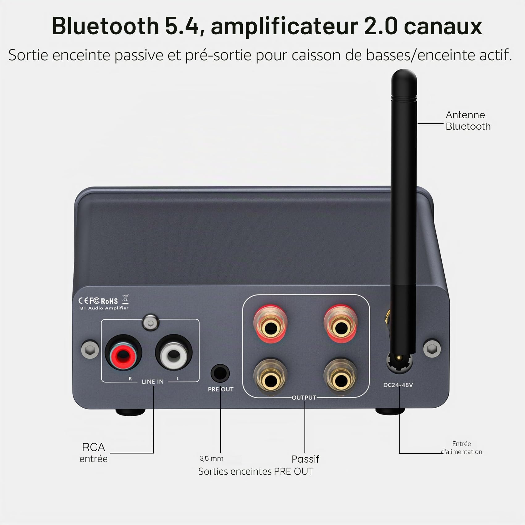 Amplificateur Audio, Mini Amplificateur HiFi, Amplificateur Stéréo Bluetooth 5.4 avec TPA3255, 600W 2 Canaux Stéréo Classe D Intégré Amélioré pour Haut-parleurs avec Contrôle des Aigus et des Basses