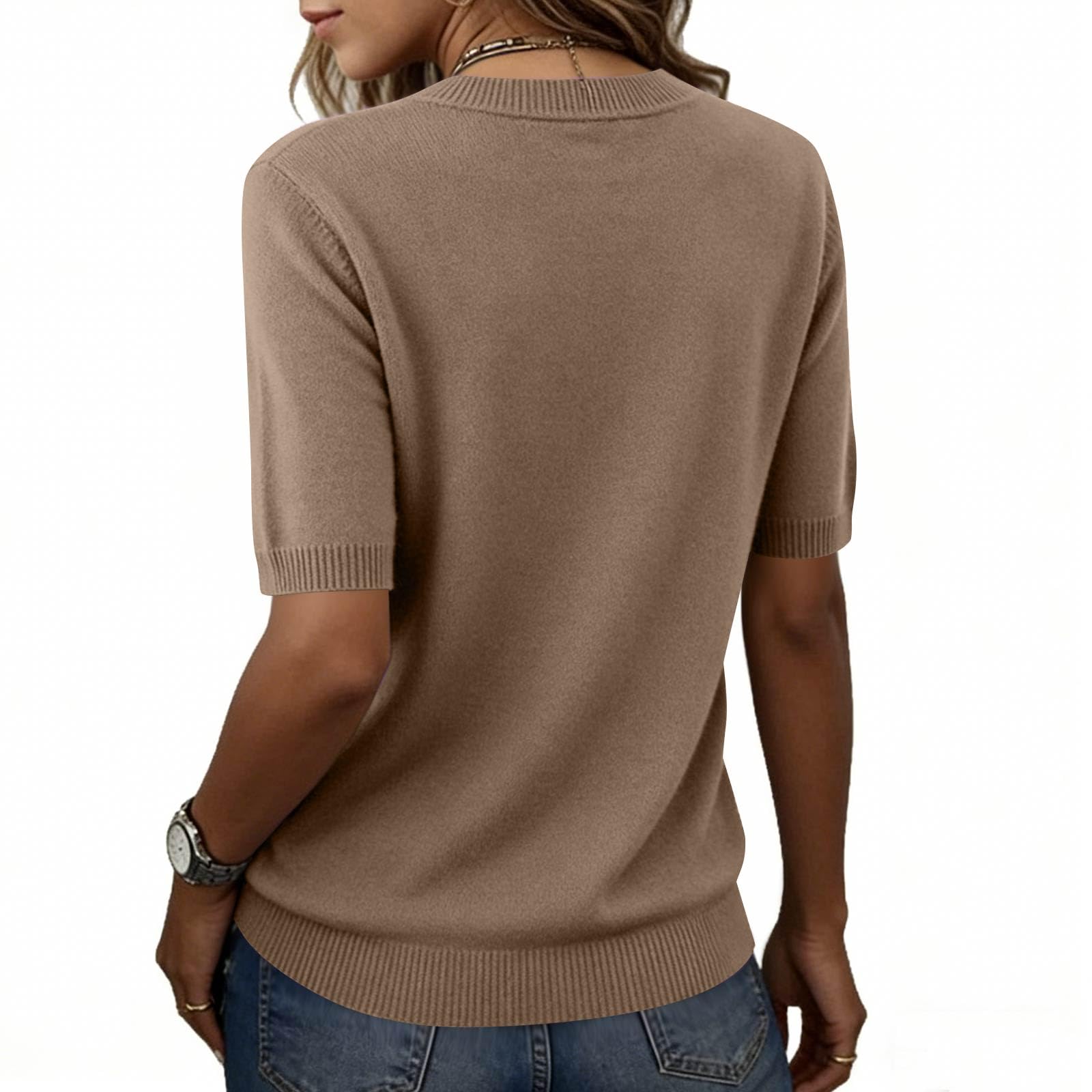 Generisch Kurzarmpullover Damen Frühling 2026 Mode Rundhalsausschnitt Strickshirt Elegant Leicht Kurzarm Pullover Frühling Sommer Slim Fit