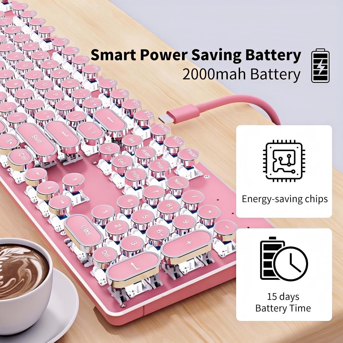 EWEADN TK950 Retro Typewriter Mechanical Keyboard and Mouse Combo, 104-Key Wireless Bluetooth/2.4G/Wired Gaming Keyboard, White Backlit, Clicky Blue Switch, Round Keycaps for Mac/PC/Laptop-Pink