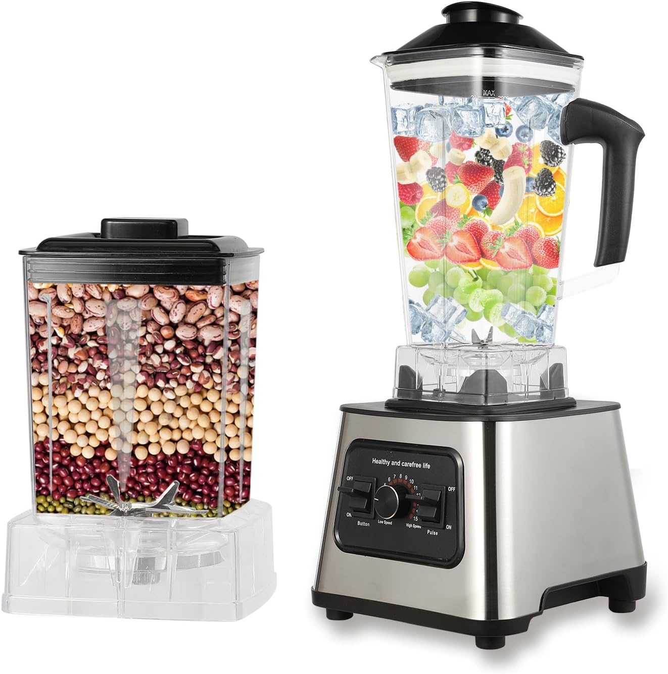 Batidora profesional de 2 en 1, 2 l licuadora y 500 ml batidora batida, 9 velocidades, eléctrica prensa cítrica, con 4 cuchillas de acero inoxidable, para batidos, hielo picado, puré, salsa (gris)