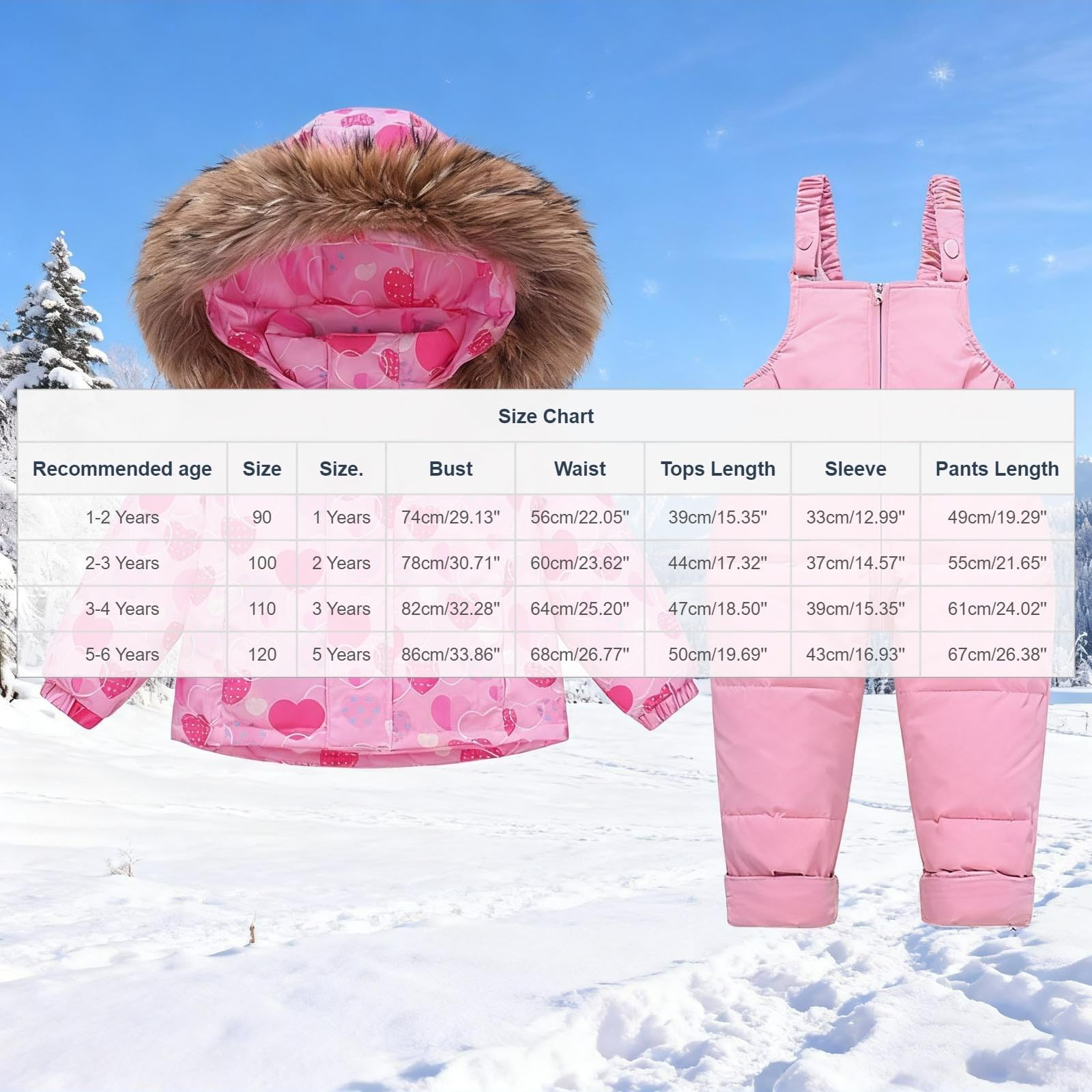 Ensemble Ski Enfant 2 Pièces Veste Capuche Et Salopette Pour Hiver Imperméables Coupe-Vent Vêtements de Ski Fille Chaude Combinaisons de Neige Hiver Salopettes Veste Snowsuit Jumpsuit de Sports