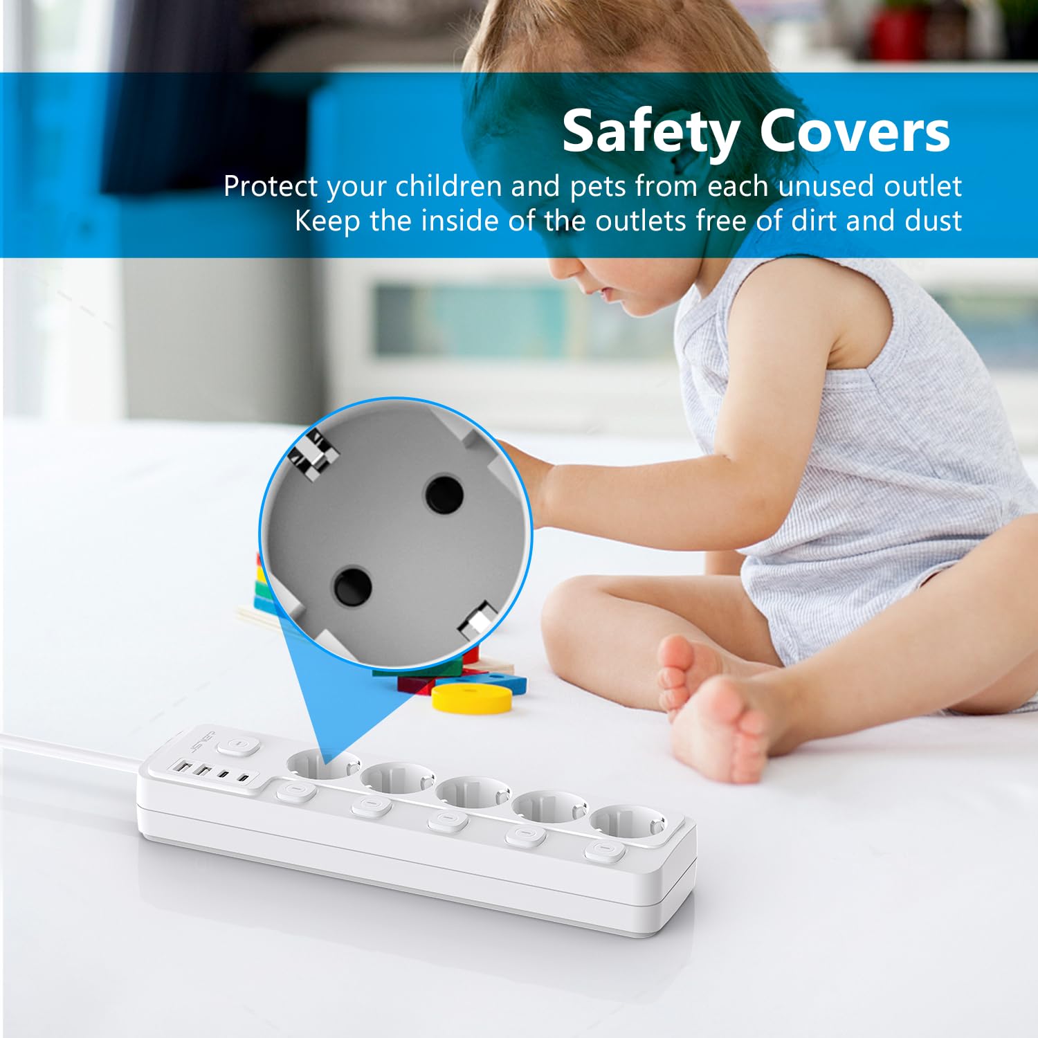 JSVER Enchufe con 5 Tomas y 4 Puertos USB, Regleta con Interruptor Individual, Alargador Múltiple con 2 USB A y 2 USB C, Cable 2m - Blanco — view 6