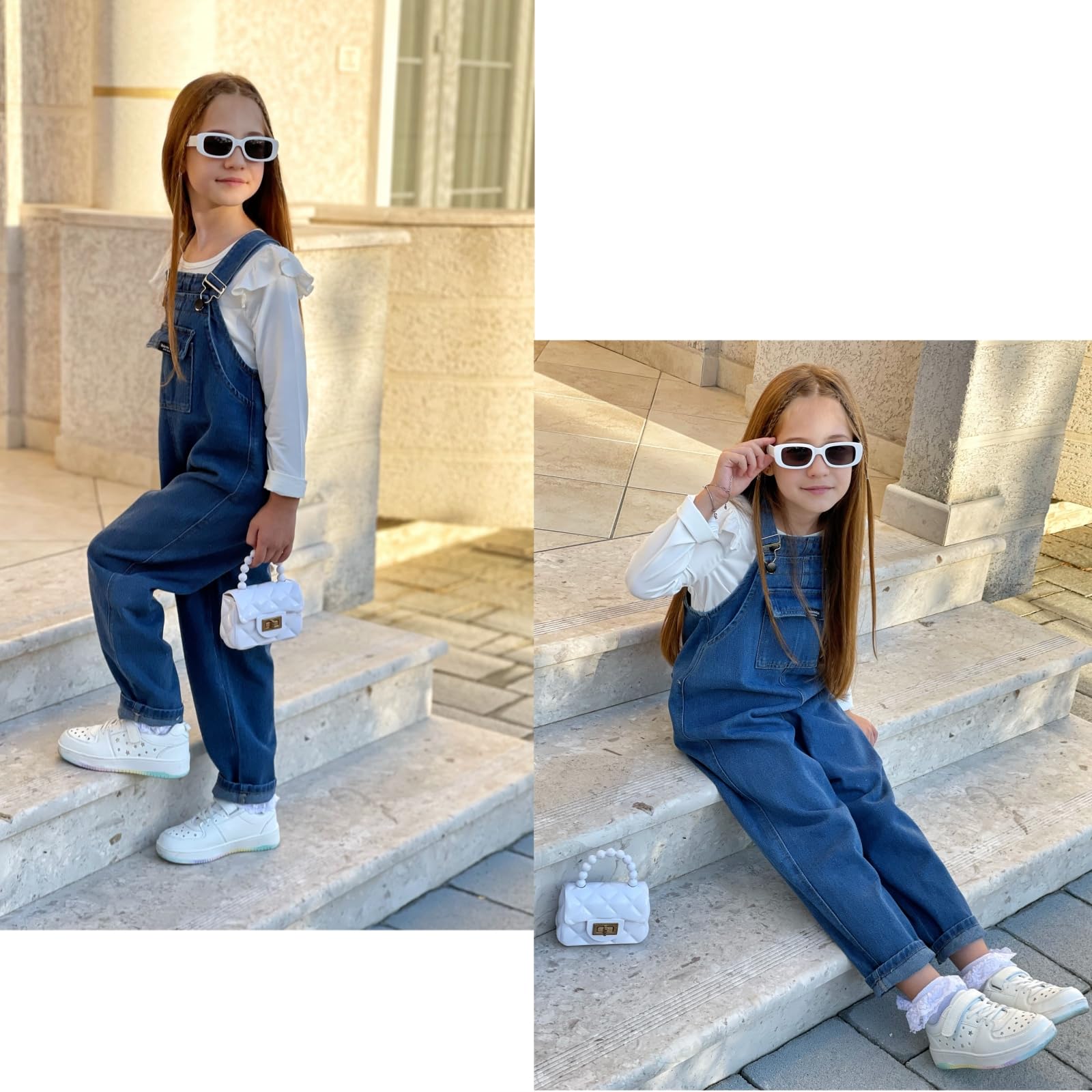 Rolanko Salopette en Jean pour Fille, Combinaison Salopette en Jean avec Sangle Réglable pour Enfants