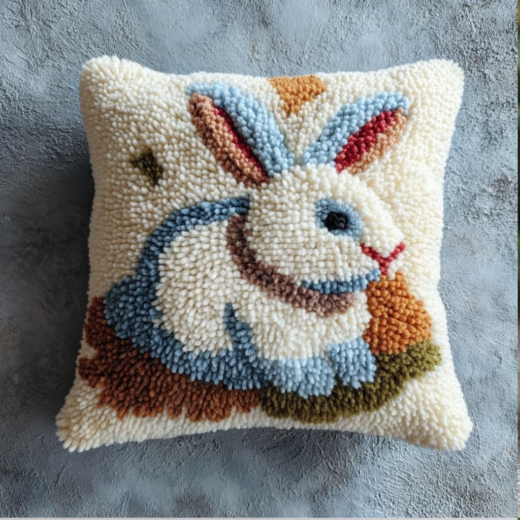 Taxpy DIY Latch Hook Pillow Kit Pre-Printed Hook and Latch Rug Kits Hare 17X17 Inch.Cross-Stitch Embroidery Cushion Cover for Home Sofa Decoration