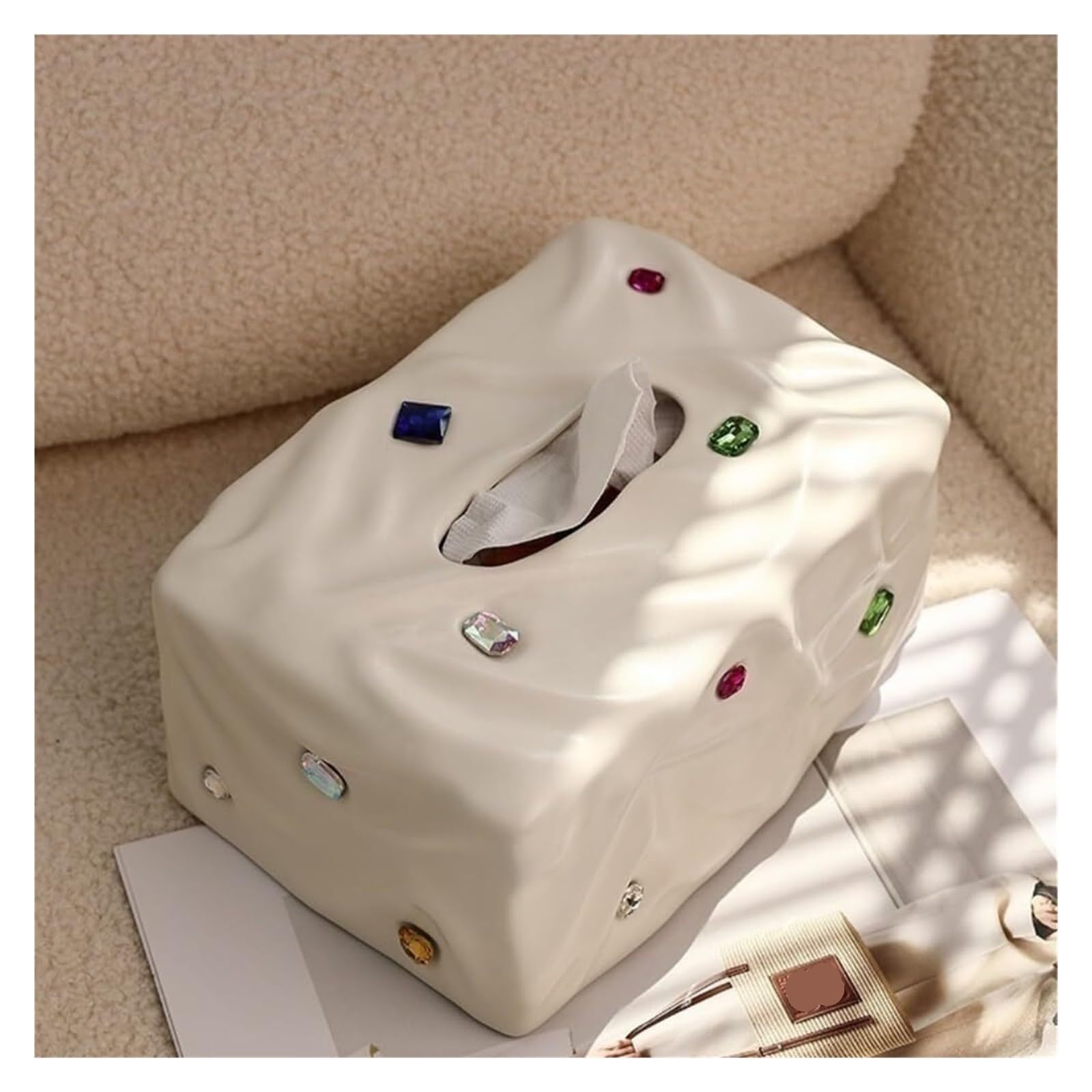 Kosmetiktuch-Spenderbox Taschentuchbox-Abdeckung, Edelstein-Home-Wohnzimmer-Couchtisch-Keramik-Organizer Must-Haves für die Wohnung(Silver)