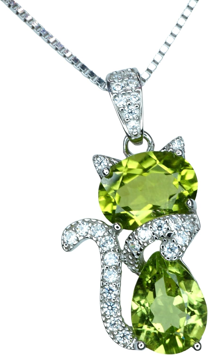 Genuine Peridot Necklace Sterling Silver Cat Kitty Necklace, Natural Green Peridot Pendant, 925 Silver Heart Chakra Pedridot Jewelry