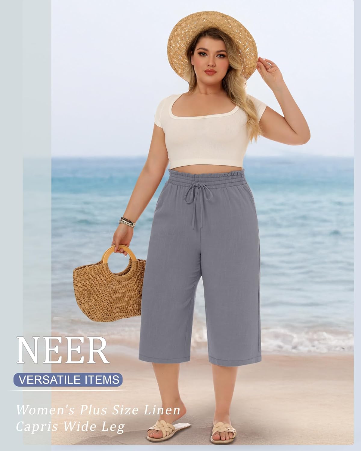 Neer 2 Pack Women's Plus Size Linen Capris Wide Leg High Waisted Drawstring Cropped Pants Beach Pants with Pockets - Image 4