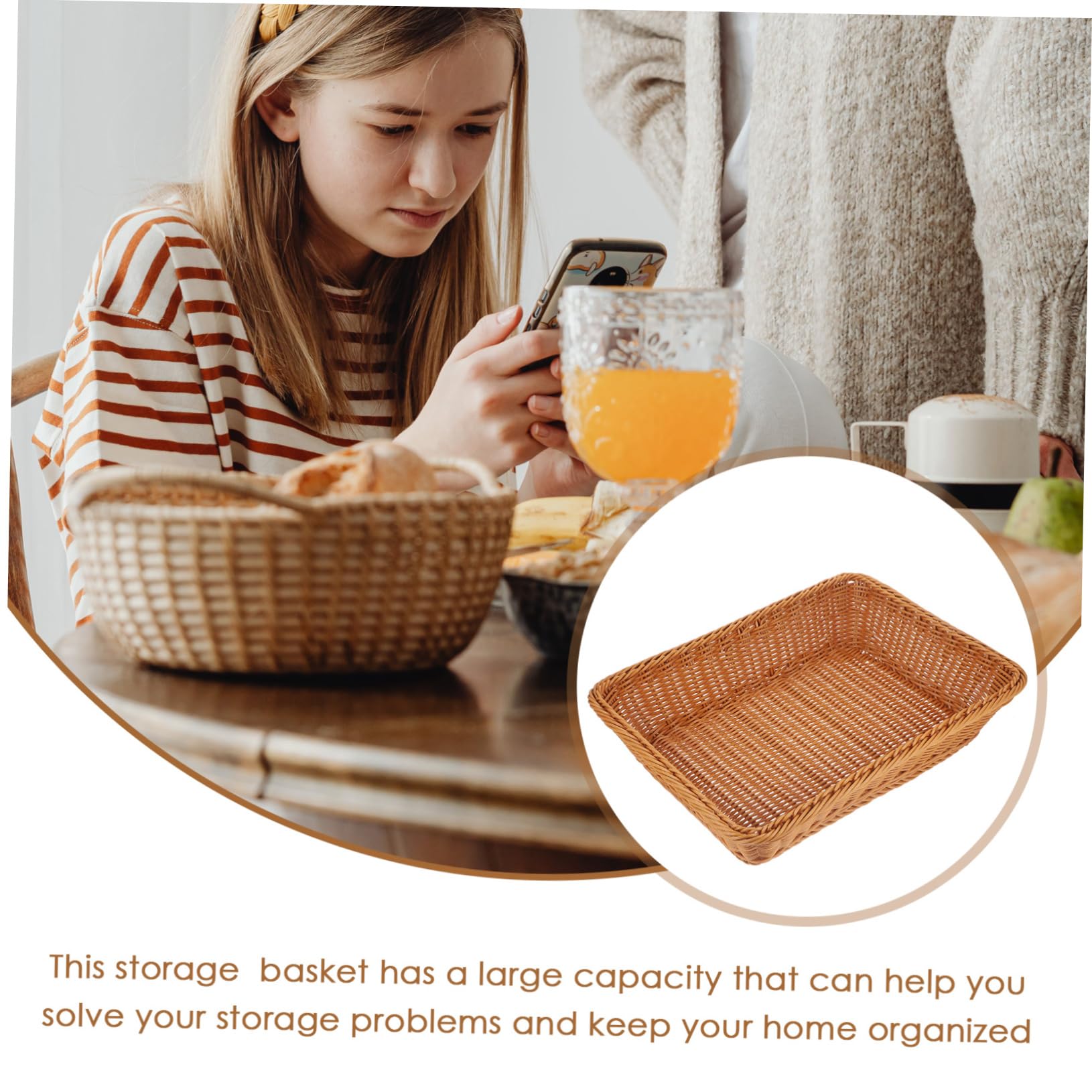COLLBATH Imitation Rattan Storage Basket Woven Organizer for Fruits Bread and Elegant Design Tea Color Versatile Home
